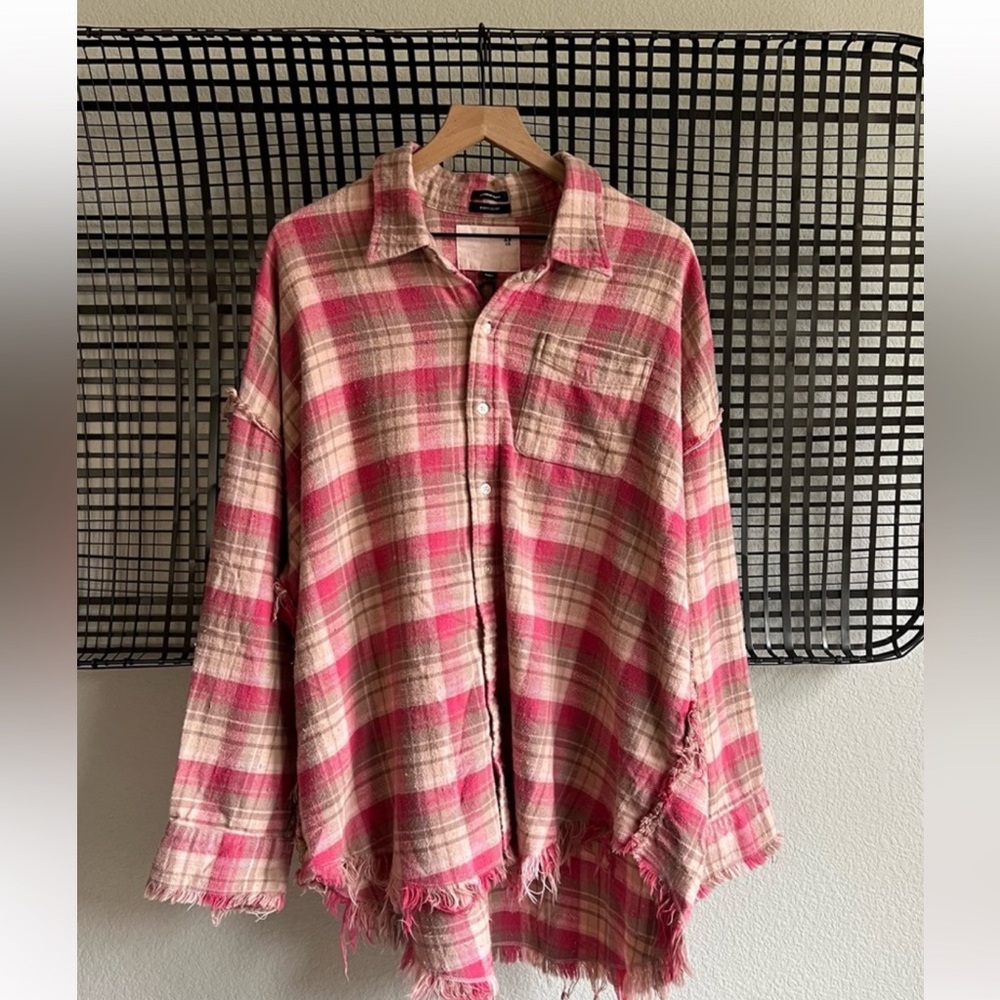 R13 Shredded Seam Drop-Neck Plaid Shirt in Light Pink (Size S)